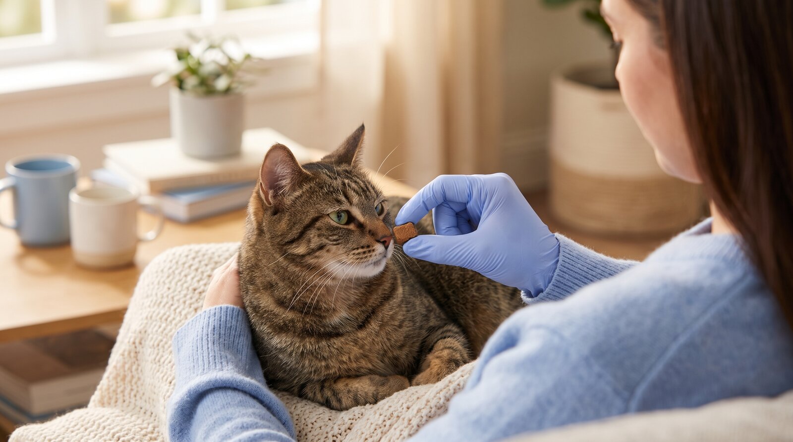 A cat calmly accepting a flavored treat from an owner's hand