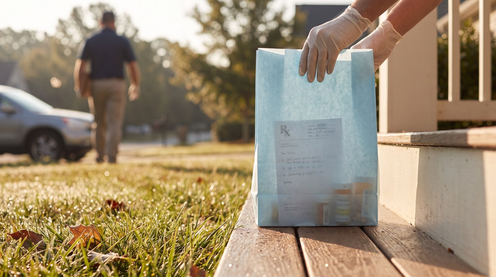 A prescription delivery bag on a suburban Charlotte-area porch