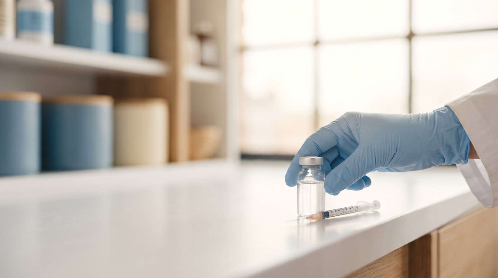 Compounded semaglutide vial and syringe on a clean pharmacy counter