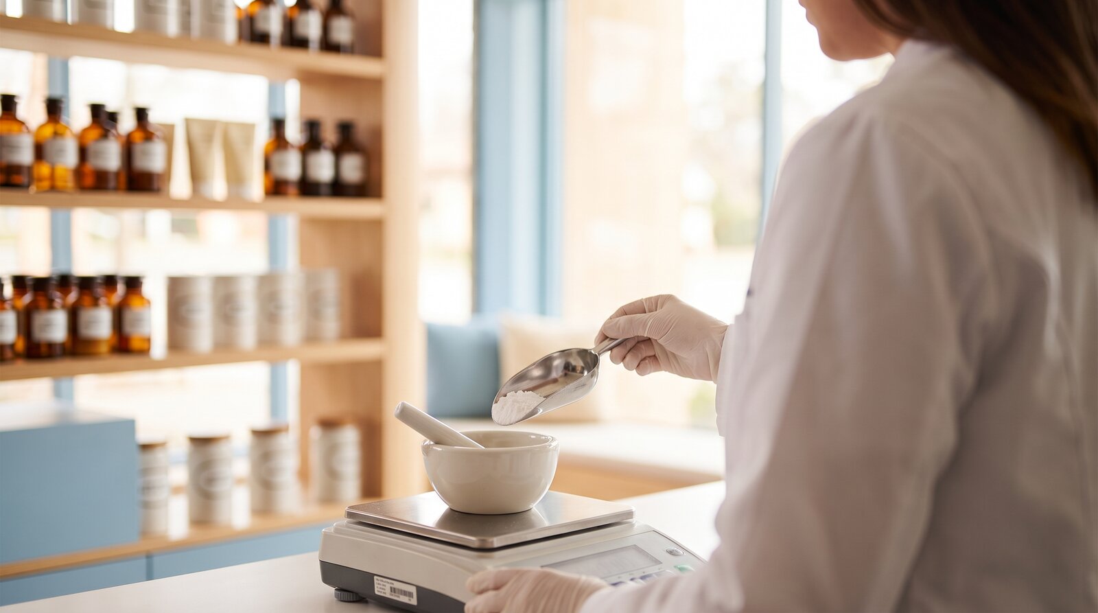 A compounding pharmacist working at a precision scale with a mortar and pestle