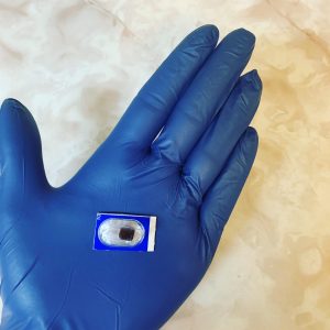 A blue glove with a blue object inside