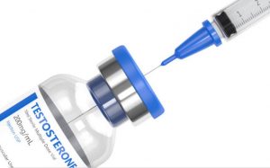 A syringe with blue liquid