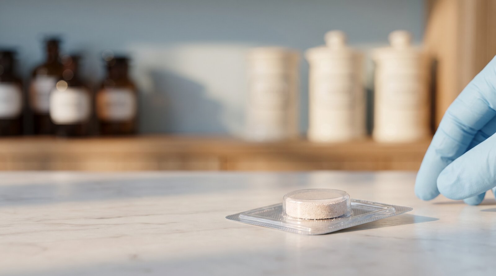 Close-up of a small round dissolving tablet on a marble surface