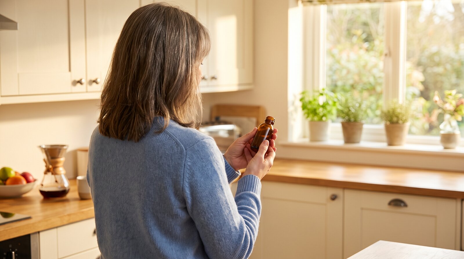 A woman holding a small hormone prescription bottle in a bright kitchen